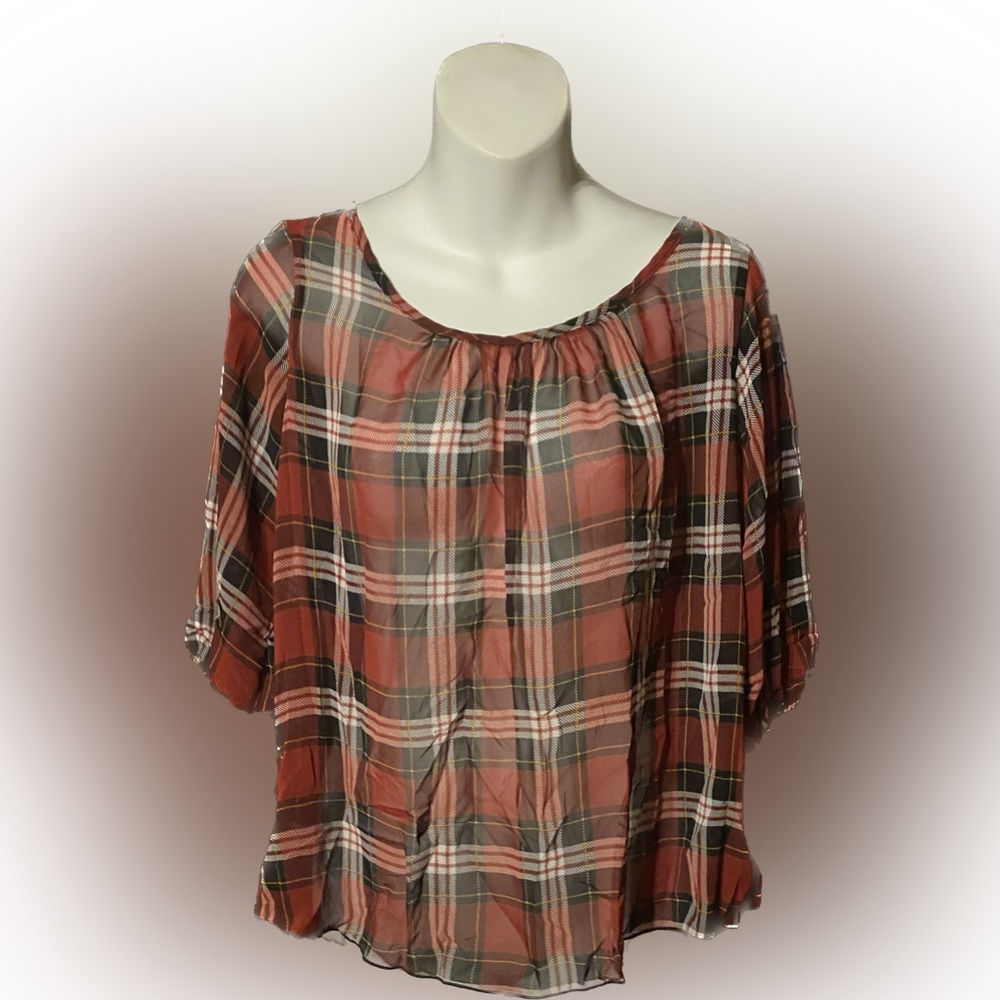 Plaid print pull over blouse w/ overlapping back opening by Topia.